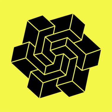 İmkansız şekiller. Soyut sonsuz geometrik nesne. İmkansız sonsuz taslak figürü. Escher paradoksu. Sarı arka planda imkansız geometri sembolü. Optik yanılsama.
