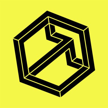 İmkansız bir şekil. Kutsal geometri. Optik illüzyon figürü. Soyut sonsuz geometrik nesne. İmkansız sonsuz özet. Optik sanat. Sarı arka planda imkansız geometri şekli.