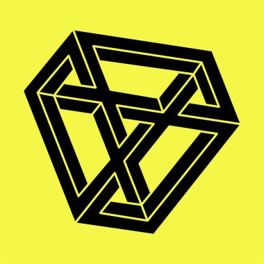 İmkansız şekiller. Kutsal geometri. Optik illüzyon figürleri. Soyut sonsuz geometrik nesne. Escher tarzı. Optik sanat. Sarı arka planda imkansız geometri şekli.