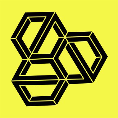 İmkansız şekiller. Kutsal geometri figürü. Optik yanılsama. Soyut sonsuz geometrik nesne. İmkansız sonsuz özet. Escher tarzı. Optik sanat. Sarı arka planda imkansız geometri şekli.