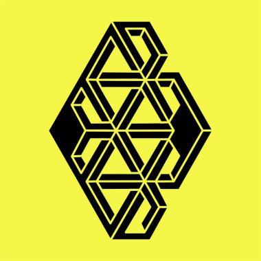 Optik yanılsama. İmkansız şekiller. Soyut sonsuz geometrik nesne. İmkansız sonsuz özet. Optik sanat. Sarı arka planda imkansız geometri şekli.