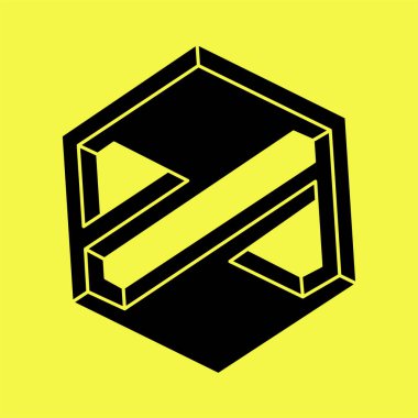 Optik yanılsama. İmkansız şekiller. Kutsal geometri figürü. Soyut sonsuz geometrik nesne. İmkansız sonsuz özet. Optik sanat. Sarı arka planda imkansız geometri şekli.