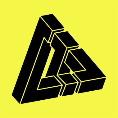 Optik yanılsama. İmkansız şekiller. Kutsal geometri figürü. Soyut sonsuz üçgen. Optik sanat. Sarı arka planda imkansız geometri şekli. 