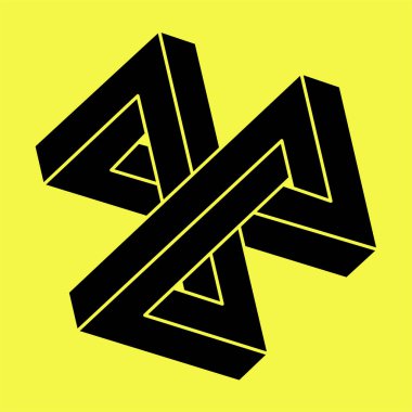 Optik illüzyon figürü. İmkansız şekiller. Soyut sonsuz geometrik nesne. Optik sanat. Sarı arka planda imkansız geometri sembolü. 