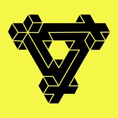 Optik yanılsama. Soyut sonsuz geometrik nesneler. İmkansız şekiller. Kutsal geometri figürü. İmkansız sonsuz ana hatları. Optik sanat. Sarı arka planda imkansız geometri şekli.