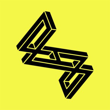 Optik illüzyon figürü. İmkansız şekiller. Kutsal geometri. Soyut sonsuz geometrik nesne. İmkansız sonsuz özet. Optik sanat. Sarı arka planda imkansız geometri şekli.