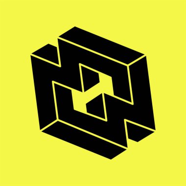 İmkansız şekiller. Optik illüzyon figürü. Soyut sonsuz geometrik nesne. Sarı arka planda imkansız geometri sembolü. Optik sanat. 