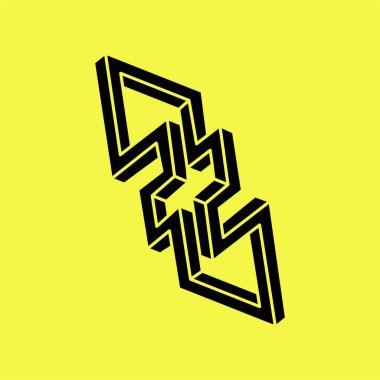 İmkansız şekiller. Kutsal geometri. Optik yanılsama. Soyut sonsuz geometrik nesne. İmkansız sonsuz özet. Optik sanat. Sarı arka planda imkansız geometri sembolü.