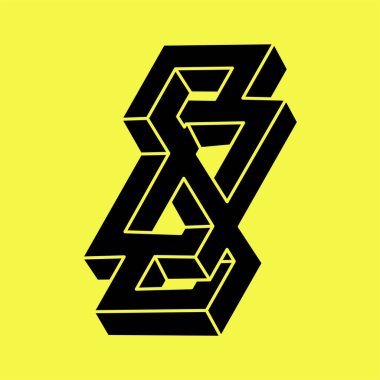 İmkansız şekiller. Kutsal geometri. Optik illüzyon figürü. Soyut sonsuz geometrik nesne. İmkansız sonsuz dış hat şekli. Optik sanat. Sarı arka planda imkansız geometri şekli.