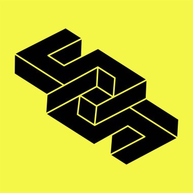 Optik yanılsama. İmkansız şekiller. Kutsal geometri. Soyut sonsuz geometrik nesne. İmkansız sonsuz taslak figürü. Optik sanat. Sarı arka planda imkansız geometri sembolü. Satır sanatı.