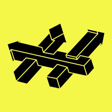 Optik yanılsama. İmkansız şekiller. Kutsal geometri. Soyut sonsuz geometrik nesne. İmkansız sonsuz oklar. Optik sanat. Sarı arka planda imkansız geometri sembolü. Satır sanatı.