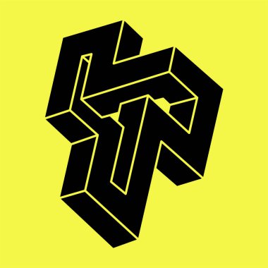 Optik yanılsama. İmkansız şekiller. Kutsal geometri figürü. Soyut sonsuz geometrik nesne. İmkansız sonsuz özet. Optik sanat. Sarı arka planda imkansız geometri şekli.