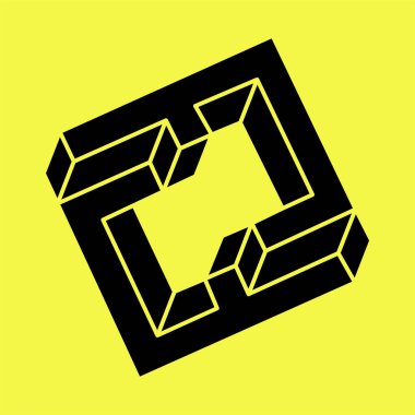 İmkansız şekiller. Çizgi tasarımı. Sarı arka planda izole edilmiş. Vektör çizimi. Optik illüzyon objesi. Optik sanat. Geometri. 