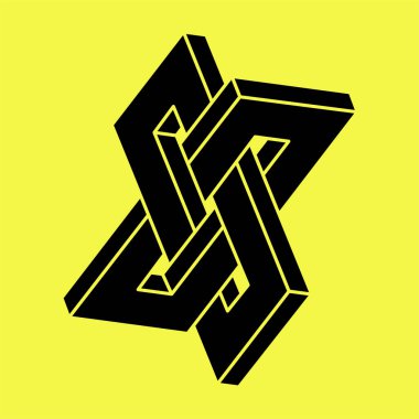 Optik yanılsama. İmkansız şekiller. Kutsal geometri figürü. Soyut sonsuz geometrik nesne. İmkansız sonsuz özet. Optik sanat. Sarı arka planda imkansız geometri şekli.