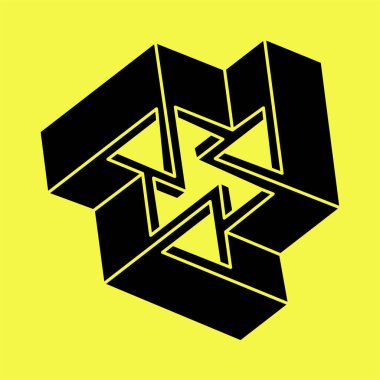 Optik illüzyon figürü. İmkansız şekiller. Soyut sonsuz geometrik nesne. Sarı arka planda imkansız geometri sembolü. 