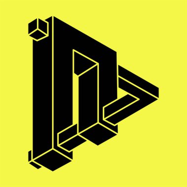 İmkansız şekiller. Kutsal geometri. Optik illüzyon figürü. Soyut sonsuz geometrik nesne. İmkansız sonsuz dış hat şekli. Optik sanat. Sarı arka planda imkansız geometri şekli.