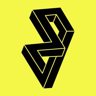 İmkansız şekiller. Kutsal geometri figürleri. Optik yanılsama. Soyut sonsuz geometrik nesneler. Optik sanat. Sarı arka planda imkansız geometri şekli. Escher tarzı.