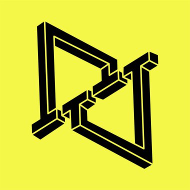 İmkansız şekiller. Kutsal geometri. Optik illüzyon figürü. Soyut sonsuz geometrik nesne. İmkansız sonsuz özet. Optik sanat. Sarı arka planda imkansız geometri sembolü.