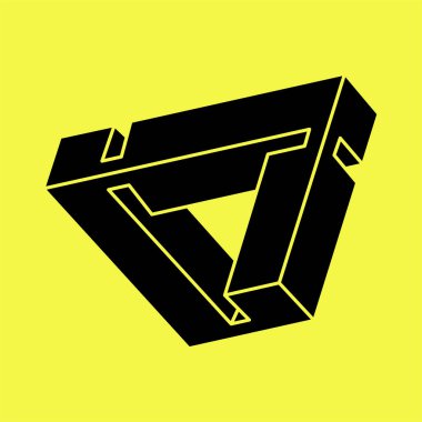 İmkansız şekiller. Çizgi tasarımı. Sarı arka planda izole edilmiş. Vektör çizimi. Optik illüzyon objesi. Optik sanat. Geometrik şekiller. 