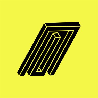 İmkansız şekiller. Optik yanılsama. Doğrusal sonsuz nesne. Soyut sonsuz geometrik şekiller. İmkansız geometri tabelaları, sarı arka plan. Optik sanat. 