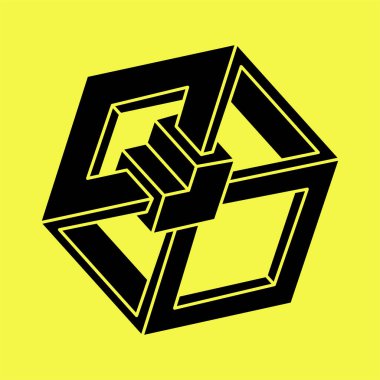 İmkansız şekiller. Kutsal geometri. Optik illüzyon figürleri. Soyut sonsuz geometrik nesne. Sarı arka planda imkansız geometri şekli. Optik sanat. 