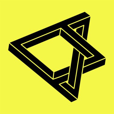 İmkansız şekiller. Kutsal geometri. Optik yanılsama. Soyut sonsuz geometrik nesne. İmkansız sonsuz taslak figürü. Optik sanat. Sarı arka planda imkansız geometri sembolü.