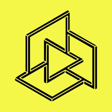 İmkansız şekiller. Kutsal geometri. Optik illüzyon figürü. Soyut sonsuz geometrik nesne. İmkansız sonsuz dış hat şekli. Optik sanat. Sarı arka planda imkansız geometri şekli.