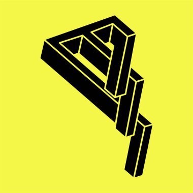 Optik yanılsama. Kutsal geometri figürleri. İmkansız şekiller. Soyut sonsuz geometrik nesne. İmkansız sonsuz özet. Optik sanat. Sarı arka planda imkansız geometri şekli.