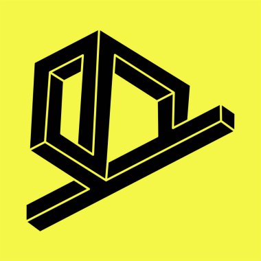 Optik yanılsama. Kutsal geometri figürleri. İmkansız şekiller. Soyut sonsuz geometrik nesne. İmkansız sonsuz özet. Optik sanat. Sarı arka planda imkansız geometri şekli.