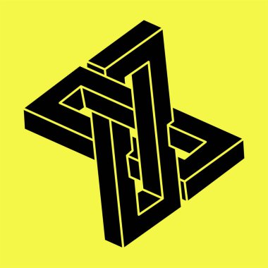 Optik yanılsama. Kutsal geometri figürleri. İmkansız şekiller. Soyut sonsuz geometrik nesne. İmkansız sonsuz özet. Optik sanat. Sarı arka planda imkansız geometri şekli.