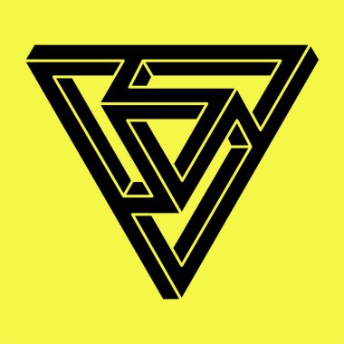 Optik yanılsama. Kutsal geometri. İmkansız şekiller. Soyut sonsuz geometrik nesne. İmkansız sonsuz taslak figürü. Optik sanat. Sarı arka planda imkansız geometri sembolü.