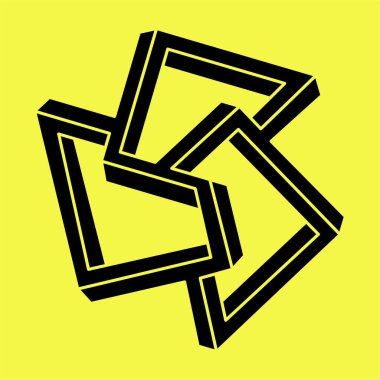 Optik yanılsama. İmkansız şekiller. Soyut sonsuz geometrik nesne. Sarı arka planda imkansız geometri sembolü. Optik sanat. 