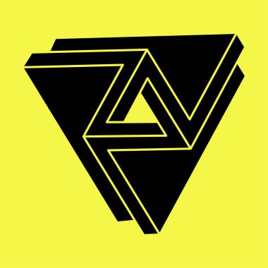 Optik yanılsama. İmkansız şekiller. Kutsal geometri. Soyut sonsuz geometrik nesne. İmkansız sonsuz taslak figürü. Optik sanat. Sarı arka planda imkansız geometri sembolü.