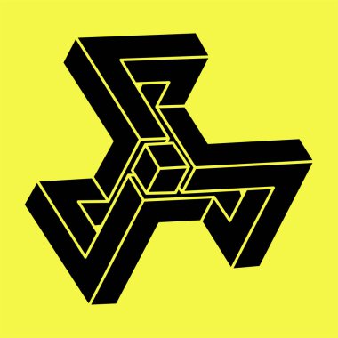 Optik illüzyon figürü. İmkansız şekiller. Soyut sonsuz geometrik nesne. Sarı arka planda imkansız geometri sembolü. Optik sanat. 