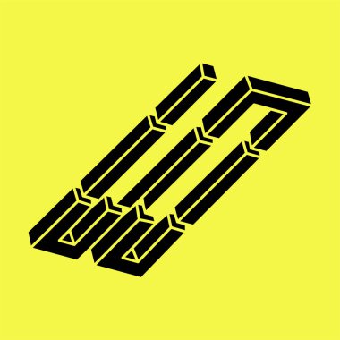 Optik yanılsama. İmkansız şekiller. Doğrusal sonsuz nesne. Soyut sonsuz geometrik şekiller. İmkansız geometri tabelaları, sarı arka plan. Optik sanat. 