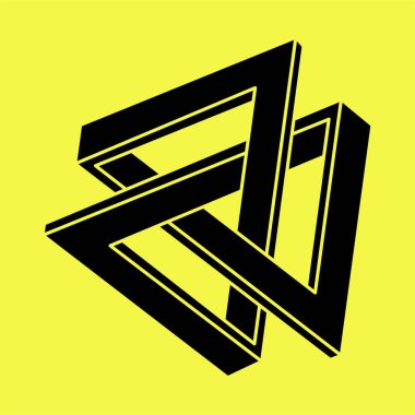 Optik yanılsama. İmkansız şekiller. Kutsal geometri figürleri. Soyut sonsuz geometrik nesne. Optik sanat. Sarı arka planda imkansız geometri şekli. 