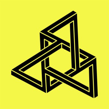 Optik illüzyon figürü. İmkansız şekiller. Kutsal geometri. Soyut sonsuz geometrik nesneler. İmkansız sonsuz ana hatları. Optik sanat. Sarı arka planda imkansız geometri şekli.