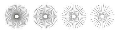 Radyal çember çizgileri. Dairesel siyah çizgiler elementleri. Güneş ışınlarının sembolü. Düz tasarım asgari elementler. Radyasyon yayan şeritli teller. Soyut illüzyon geometrik şekli. Grafik illüstrasyon