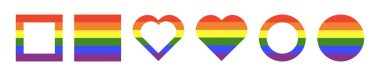 Gökkuşağı bayrağı çerçeveleri. Eşcinsel gururu. İlerleme Logosu rozetleri simgeler. LGBT dairesi, kare, kalp simgeleri. Gökkuşağı renklerinde çıkartmalar. Yuvarlak, kalp, dikdörtgen düğme. Düz şablon tasarımı.