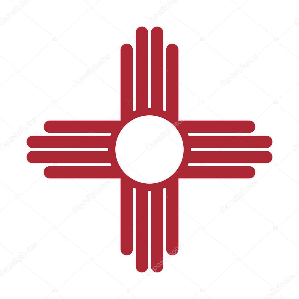 Zia red symbol isolated on white background. Ancient native Americans silhouette sign flat icon. New Mexico state simple logotype mockup.