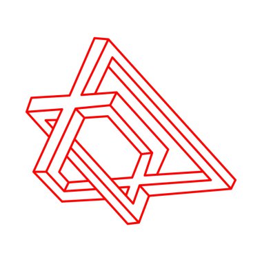 İmkansız şekiller. Kutsal geometri. Optik yanılsama. Soyut sonsuz geometrik nesne. Optik sanat. Beyaz arka planda imkansız geometri sembolü. Çizgi çalışması. Escher tarzı.