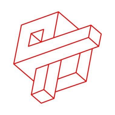 İmkansız şekiller. Optik yanılsama. Soyut sonsuz geometrik nesneler. İmkansız sonsuz taslak figürü. Beyaz arka planda imkansız geometri sembolü. Optik sanat. Logo.