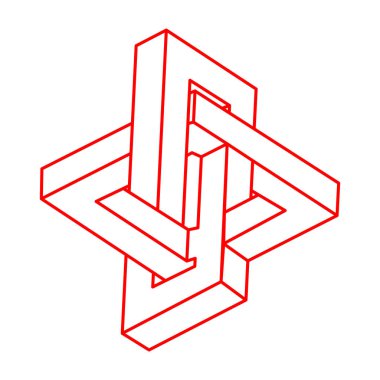 İmkansız şekiller. Kutsal geometri. Optik illüzyon figürü. Soyut sonsuz geometrik nesne. İmkansız sonsuz dış hat şekli. Optik sanat. Beyaz arkaplanda imkansız geometri şekli.