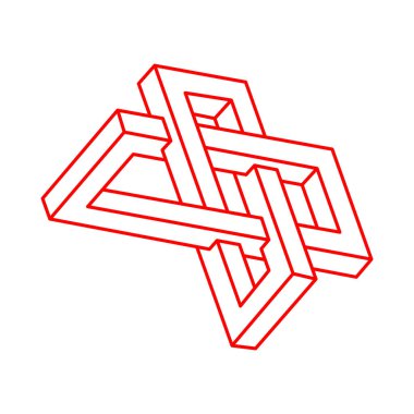 İmkansız şekiller. Optik yanılsama. Doğrusal sonsuz nesneler. Soyut sonsuz geometrik şekiller. İmkânsız geometri tabelaları, beyaz arka plan. Optik sanat. 