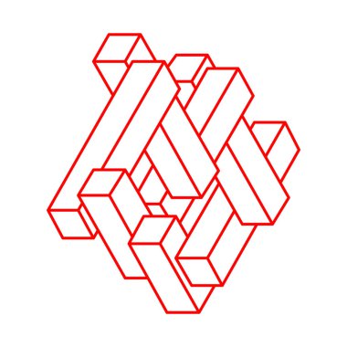 İmkansız nesneler. Optik illüzyon figürü. Optik sanat şekli. Çizgi çalışması. 3 boyutlu illüstrasyon. Logo. Geometri. 