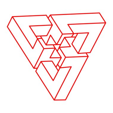 İmkansız şekiller. Kutsal geometri. Optik illüzyon figürleri. Soyut sonsuz geometrik nesneler. İmkansız sonsuz ana hat üçgeni. Optik sanat. Beyaz arkaplanda imkansız geometri şekli.