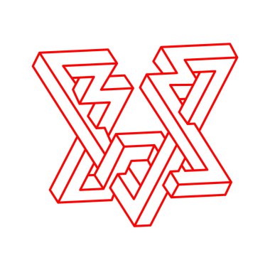 İmkansız şekiller. Logo. Optik yanılsama. Kutsal geometri figürü. Soyut sonsuz geometrik nesneler. İmkansız sonsuz özet. Optik sanat. Beyaz arkaplanda imkansız geometri şekli.