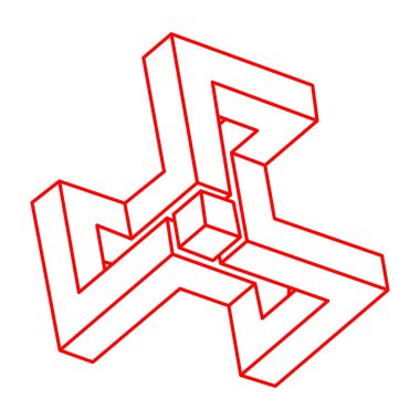 Logo. İmkansız şekiller. Kutsal geometri. Optik illüzyon figürü. Soyut sonsuz geometrik nesneler. İmkansız sonsuz özet. Operasyon sanatı. Beyaz arka planda imkansız geometri şekli. Satır sanatı.