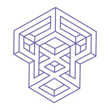 İmkansız şekiller, optik yanılsama, vektör. Optik sanat objeleri. Moda 2022 Çok Peri renginde logo. Geometrik şekiller.