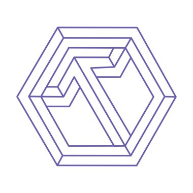 İmkansız şekiller. Kutsal geometri. Optik illüzyon figürü. Soyut sonsuz geometrik nesneler. Optik sanat. Beyaz arka planda imkansız geometri şekli. Dövme modası 2022 Çok Peri rengi.